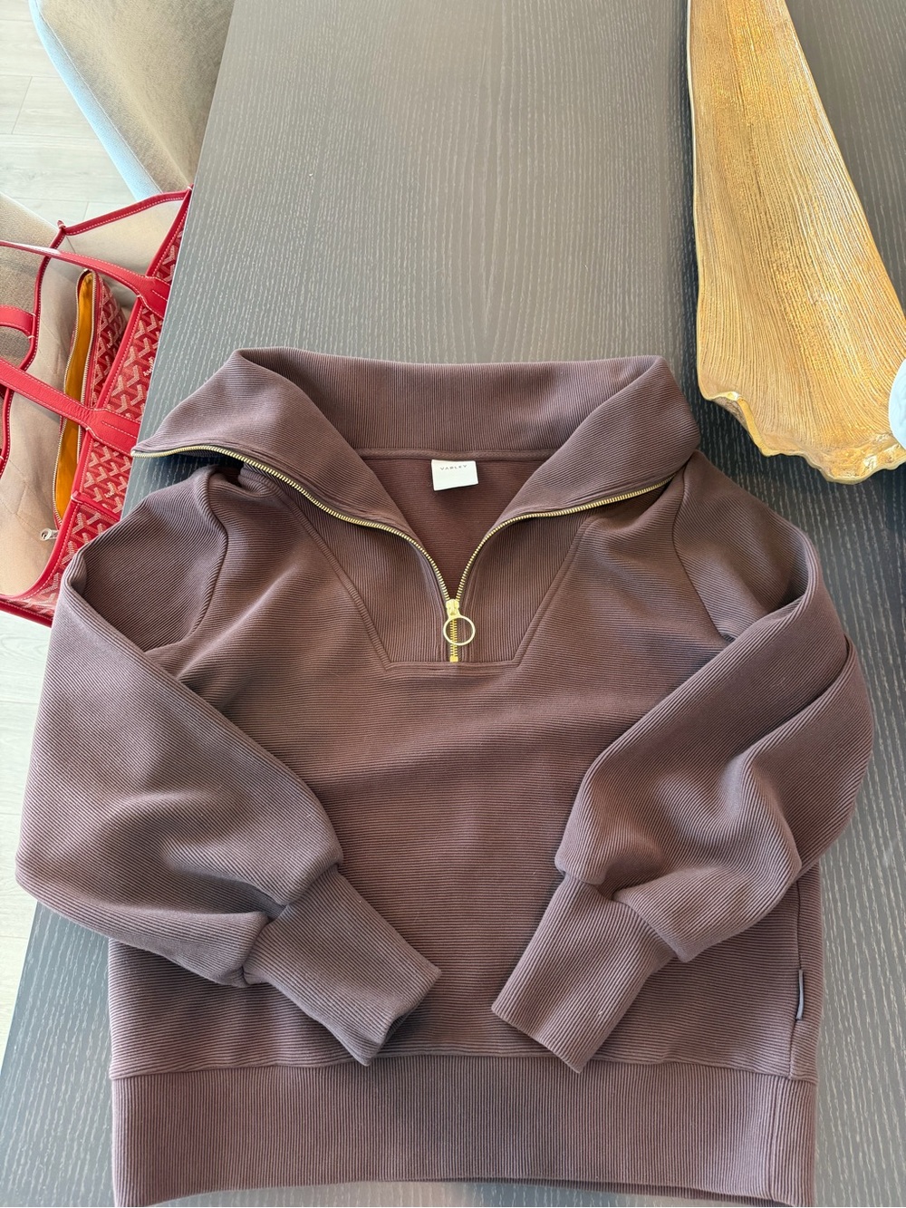 Varley vine half zip in brown worn 2x